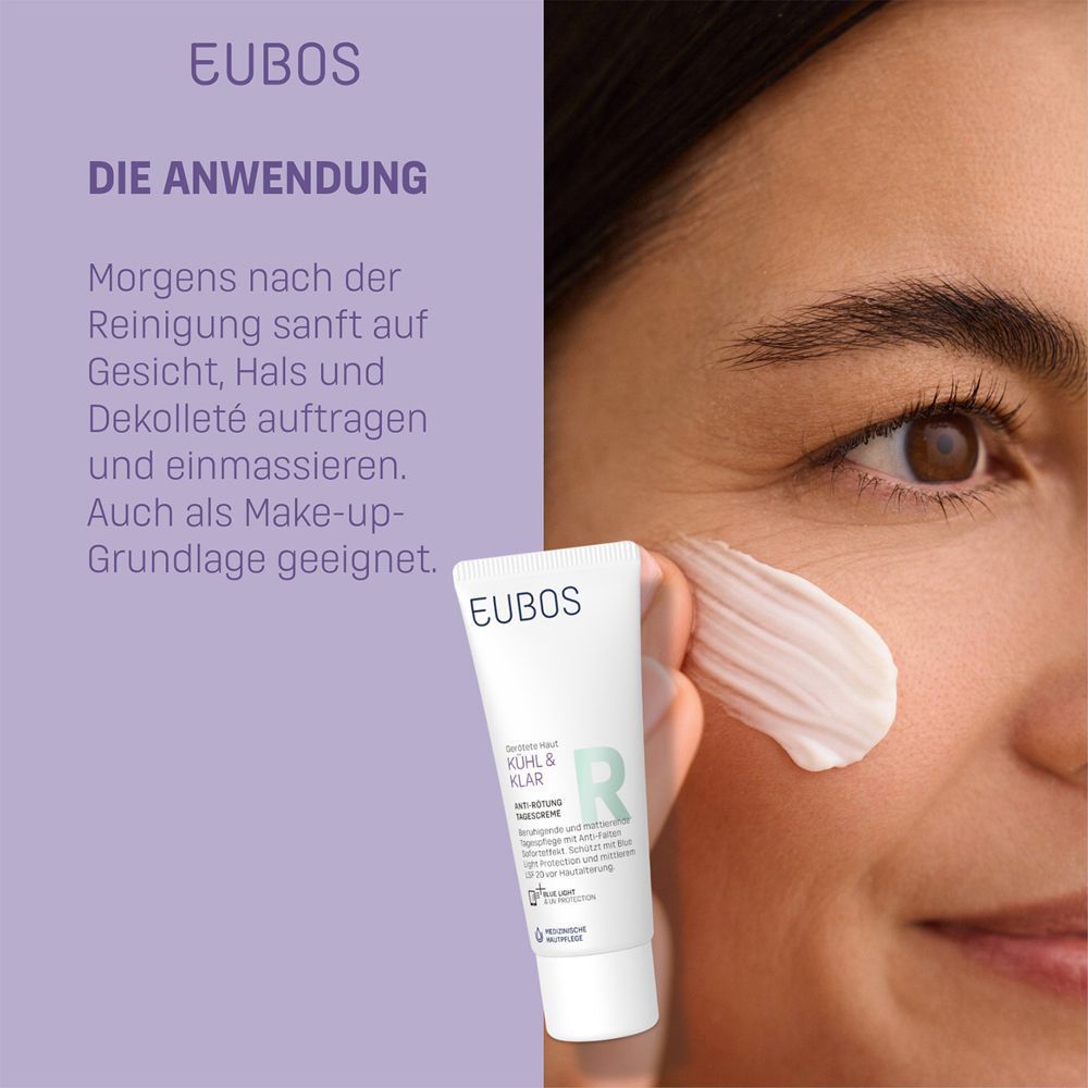 Frau trägt EUBOS KÜHL & KLAR Anti-Rötung Tagescreme auf. Text: Anwendung. Auf Gesicht, Hals und Dekolleté auftragen.