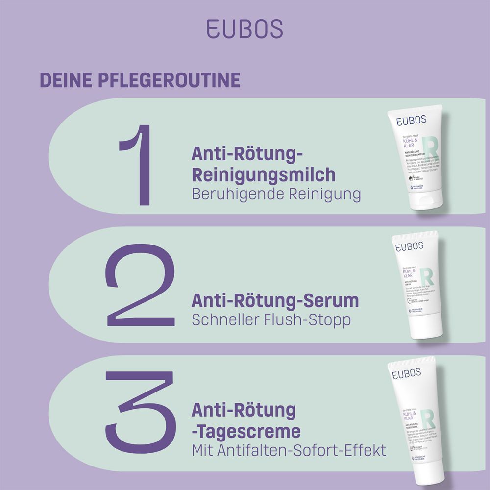 Pflegeroutine mit EUBOS-Produkten. Anti-Rötung-Reinigungsmilch, Anti-Rötung-Serum, Anti-Rötung-Tagescreme.