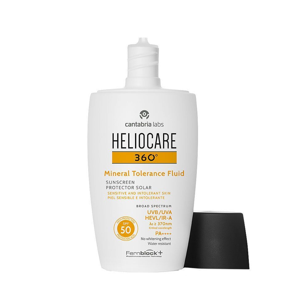 HELIOCARE Mineral Tolerance Fluid 360° Flasche. Weiße Flasche mit schwarzem Deckel. Gelbes Etikett mit Produktinformationen.