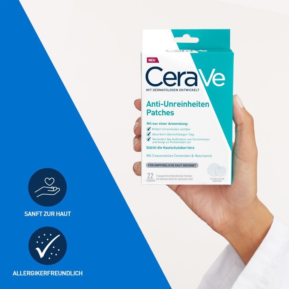 Eine Hand hält eine Packung CeraVe Anti-Unreinheiten Patches. Auf der Packung steht der Markenname CeraVe und der Produktname. Auf der linken Seite sind zwei Icons.