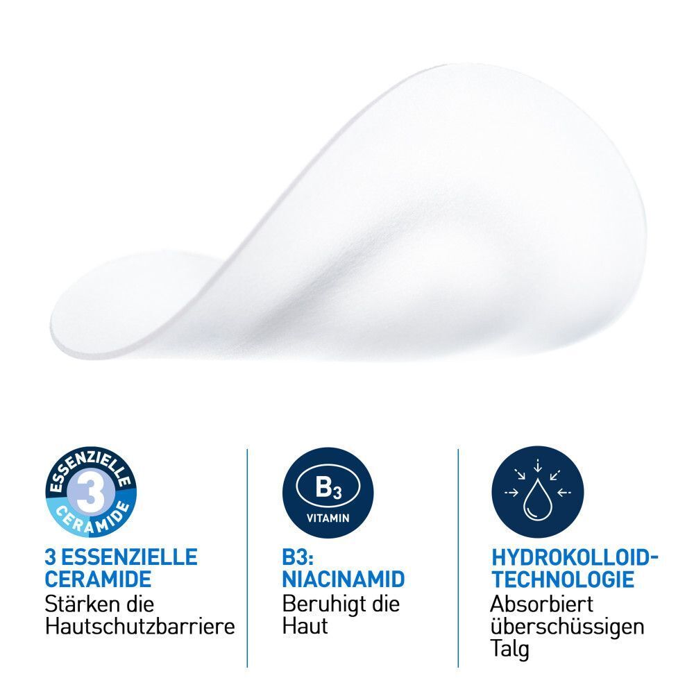 Nahaufnahme eines transparenten Patches. Darunter sind drei Icons mit Text: 3 essenzielle Ceramide, B3 Vitamin und Hydrokolloid-Technologie.