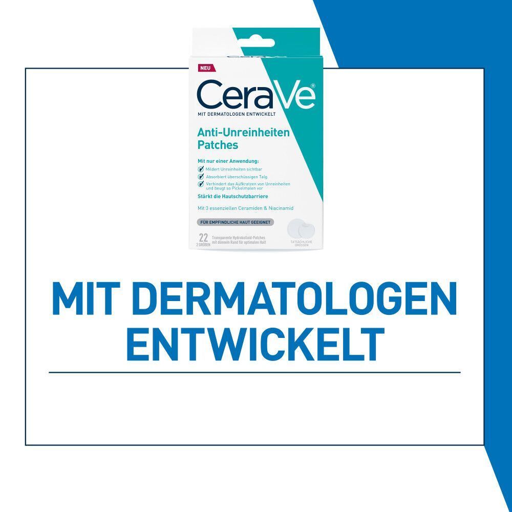 Eine Packung CeraVe Anti-Unreinheiten Patches. Auf der Packung steht der Markenname CeraVe und der Produktname. Der Hintergrund ist blau.