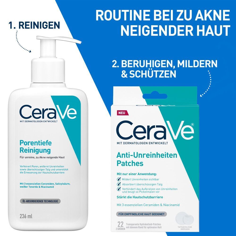 Eine Flasche CeraVe Reinigungsprodukt und eine Packung CeraVe Anti-Unreinheiten Patches. Text: Routine bei zu Akne neigender Haut.