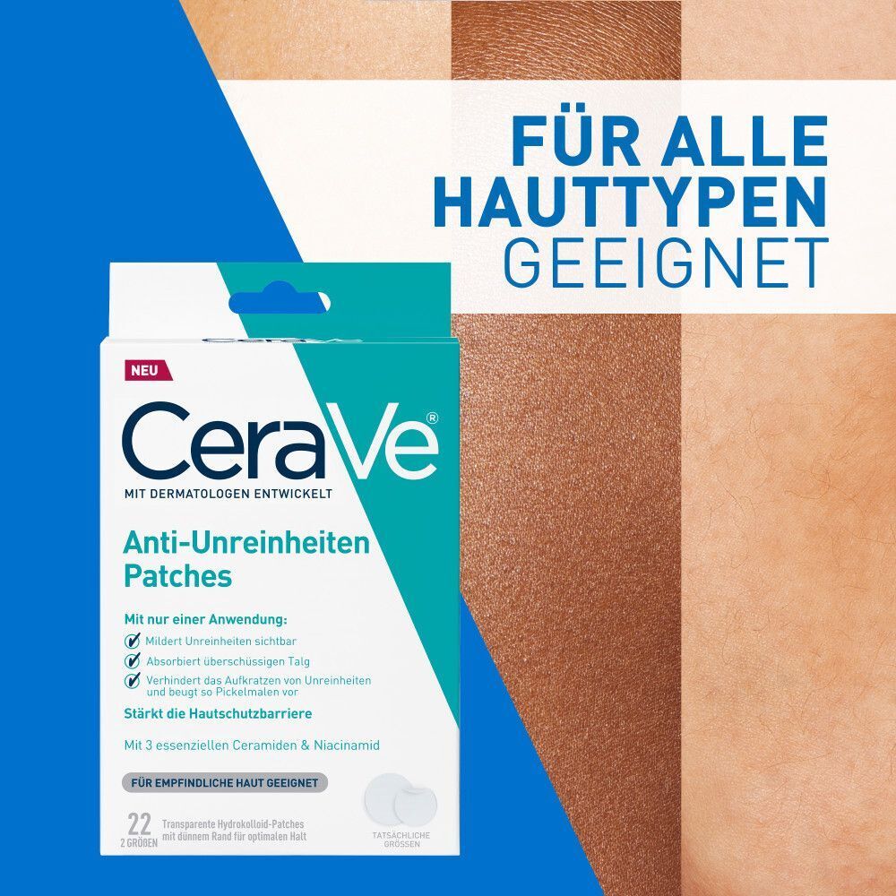 Eine Packung CeraVe Anti-Unreinheiten Patches. Text: Für alle Hauttypen geeignet. Im Hintergrund sind verschiedene Hauttöne abgebildet.