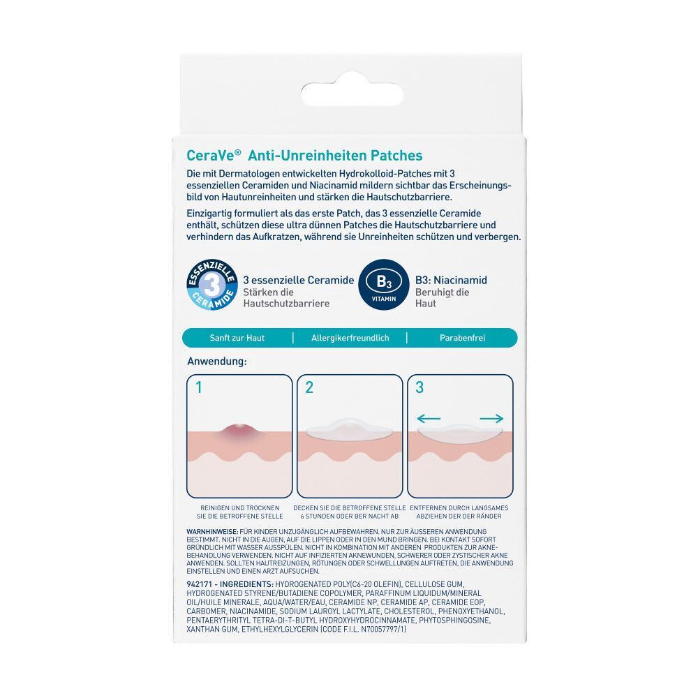 Rückseite einer Packung CeraVe Anti-Unreinheiten Patches. Enthält Informationen zu Inhaltsstoffen und Anwendung.