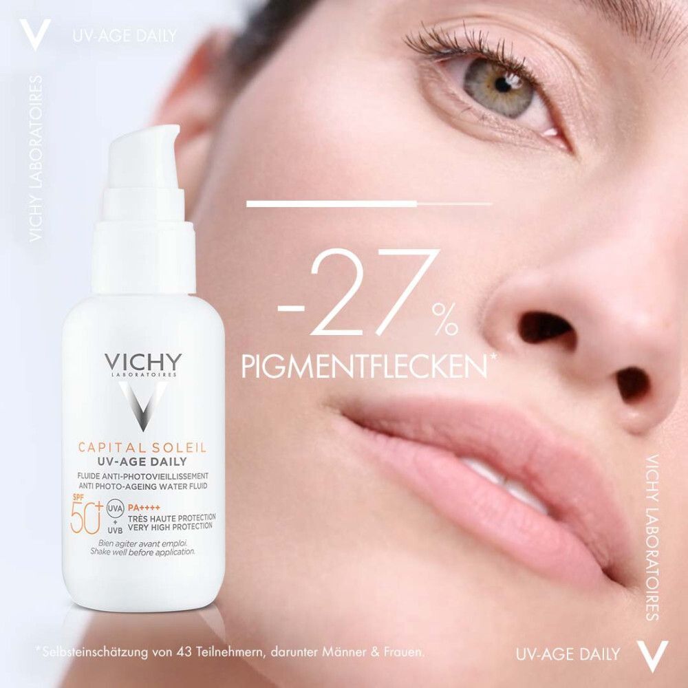 Frau mit VICHY CAPITAL Soleil UV-Age Daily. Text zeigt -27% Pigmentflecken. Produkt mit LSF 50+.