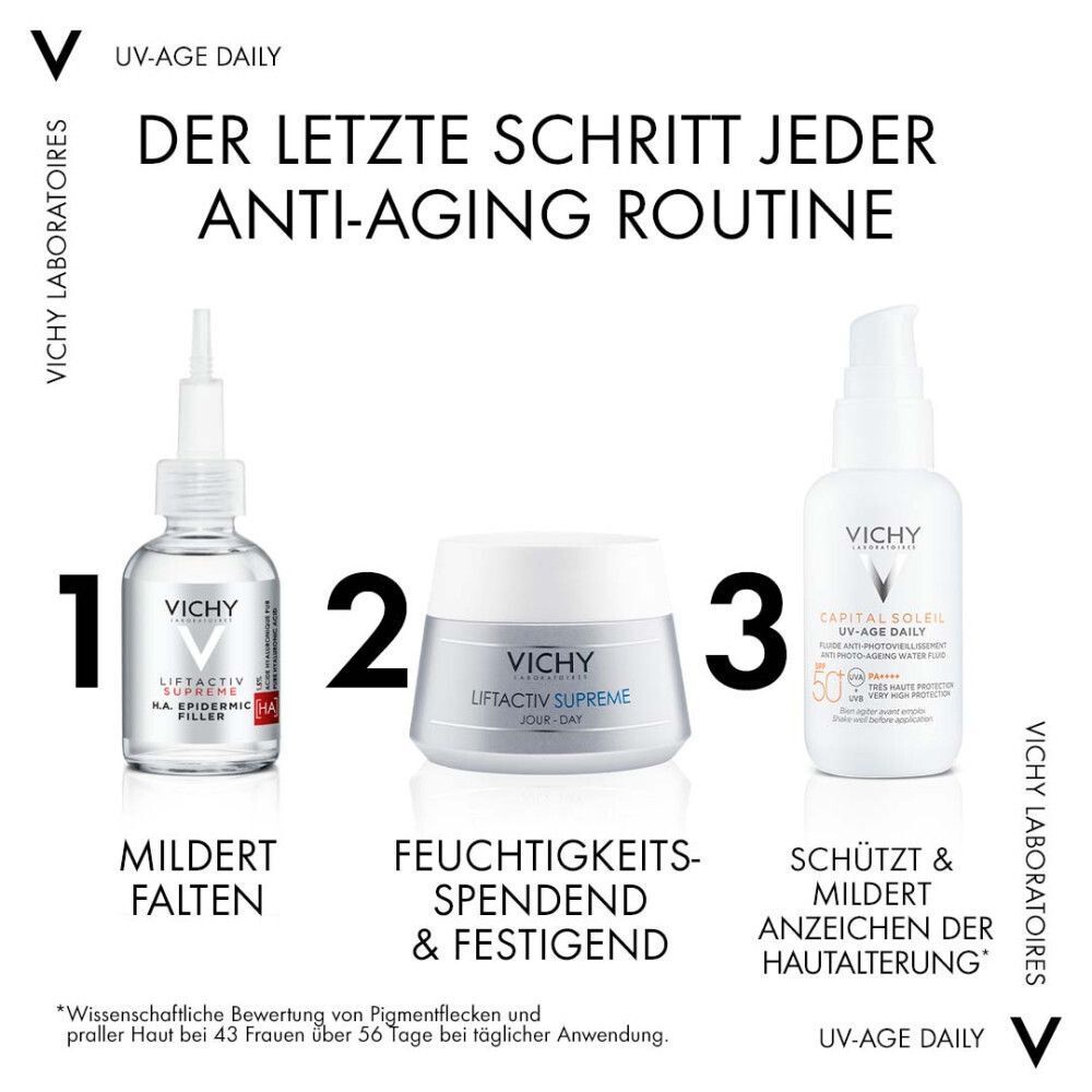Drei Produkte in einer Anti-Aging-Routine: VICHY HA Filler, Liftactiv Supreme, und CAPITAL Soleil UV-Age Daily.