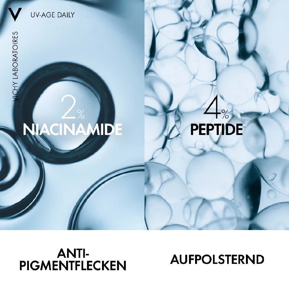 Zwei Produkte: VICHY mit 2% Niacinamid gegen Pigmentflecken und 4% Peptide für Aufpolsterung.