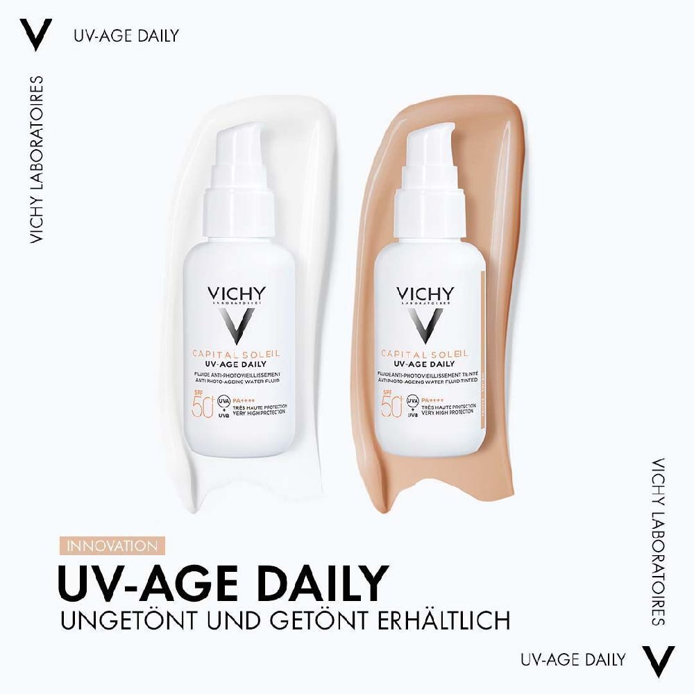 Zwei Flaschen VICHY CAPITAL Soleil UV-Age Daily, ungetönt und getönt. Mit LSF 50+.