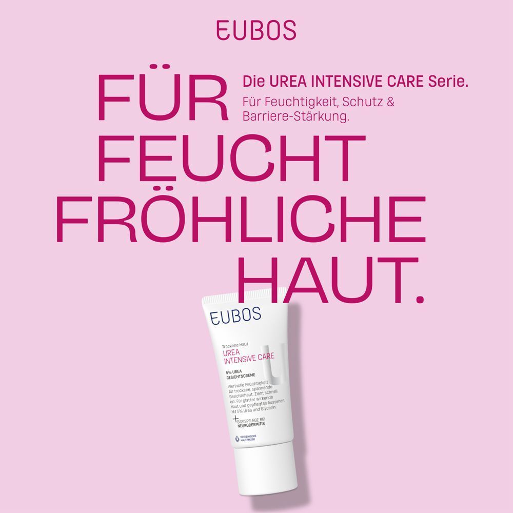 Werbung für die UREA INTENSIVE CARE Serie. Eine Tube EUBOS Gesichtscreme vor pinkem Hintergrund mit Text.