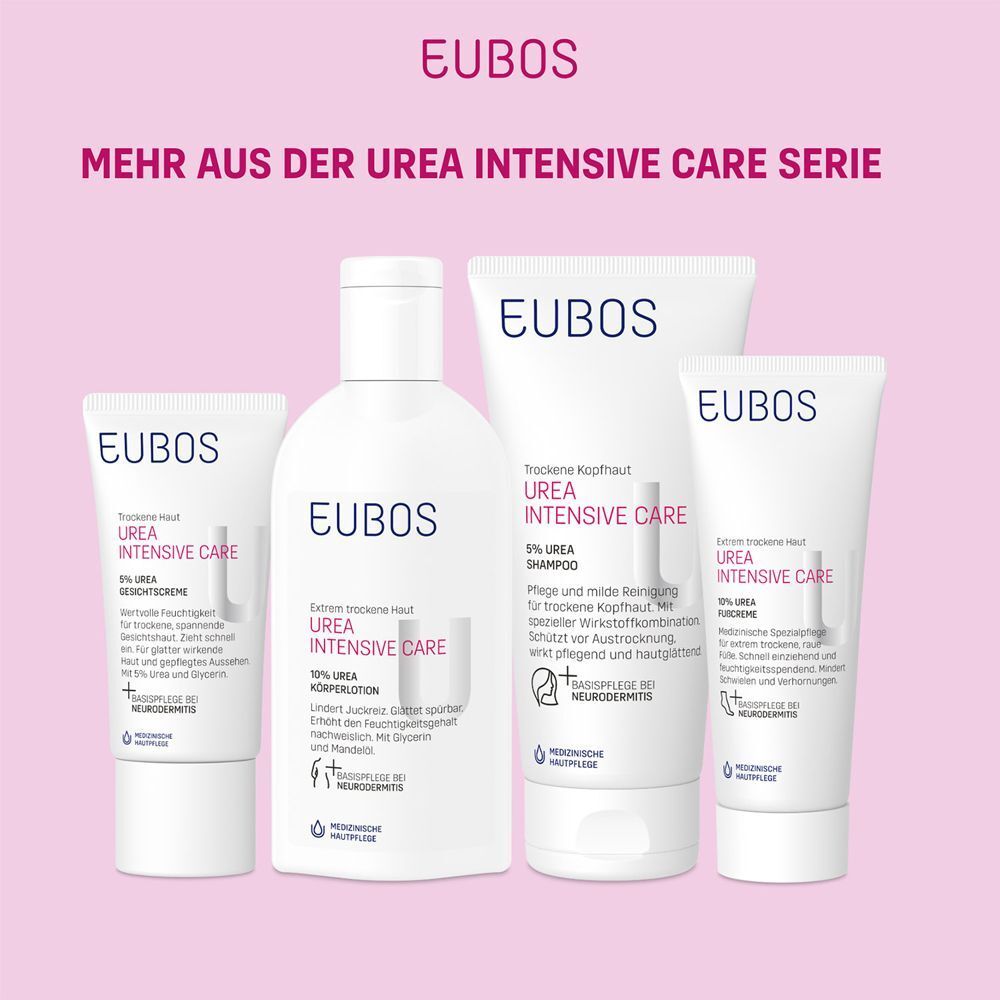 Verschiedene Produkte der UREA INTENSIVE CARE Serie von EUBOS. Produkte auf pinkem Hintergrund.