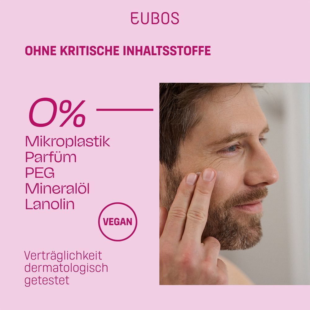 Mann mit Gesicht. Text über Inhaltsstoffe, die nicht enthalten sind. Vegan-Siegel.