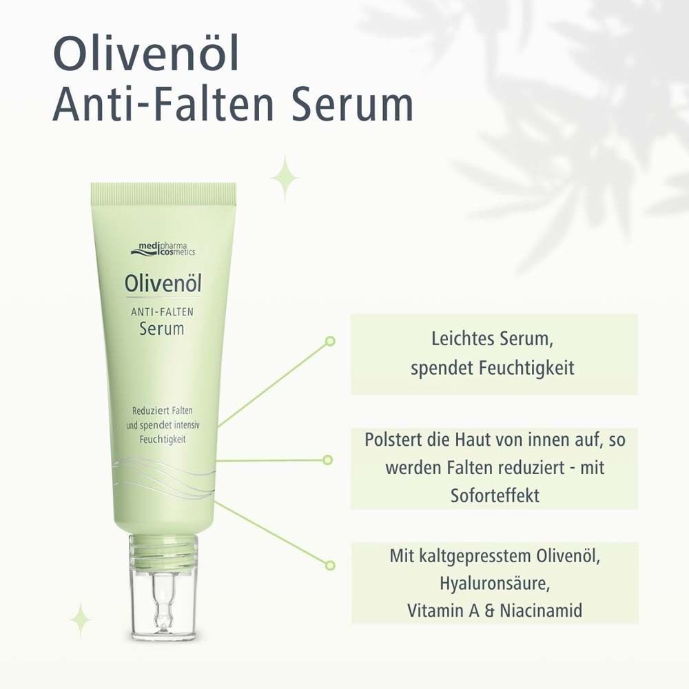 Tube Olivenöl Anti-Falten Serum. Hellgrüne Tube mit weißer Schrift. Text: Reduziert Falten und spendet intensiv Feuchtigkeit. Mit Niacinamid.