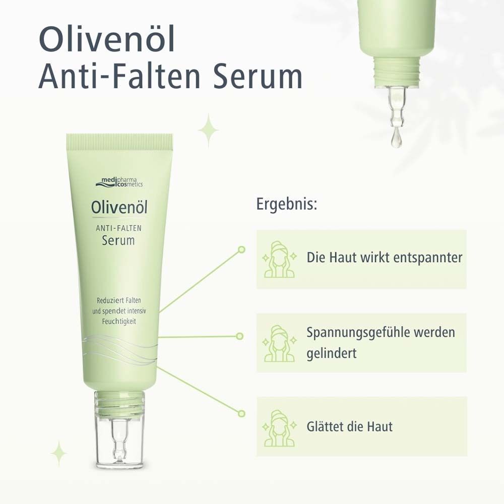 Tube Olivenöl Anti-Falten Serum. Hellgrüne Tube mit weißer Schrift. Ergebnisse: Die Haut wirkt entspannter, Spannungsgefühle werden gelindert.