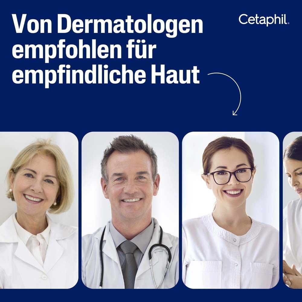 Fotos von Dermatologen. Text: Von Dermatologen empfohlen für empfindliche Haut.