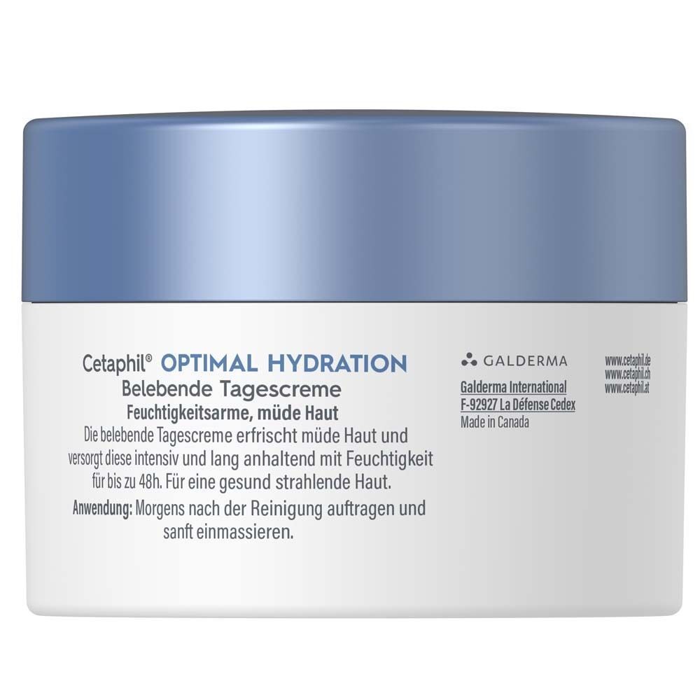 Rückseite eines Cremetiegels. Text: Cetaphil, Optimal Hydration, Belebende Tagescreme.