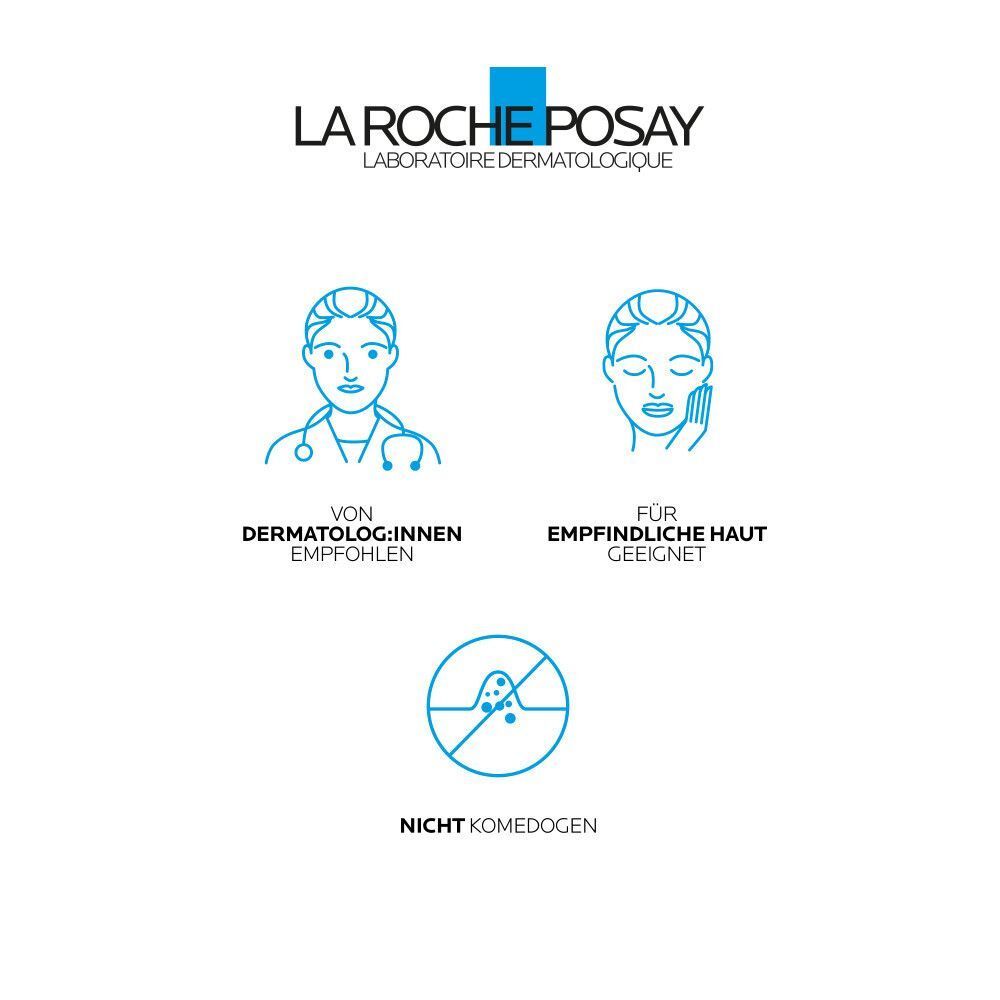 Symbole und Text: Von Dermatologen empfohlen, für empfindliche Haut geeignet, nicht komedogen. La Roche-Posay Logo.