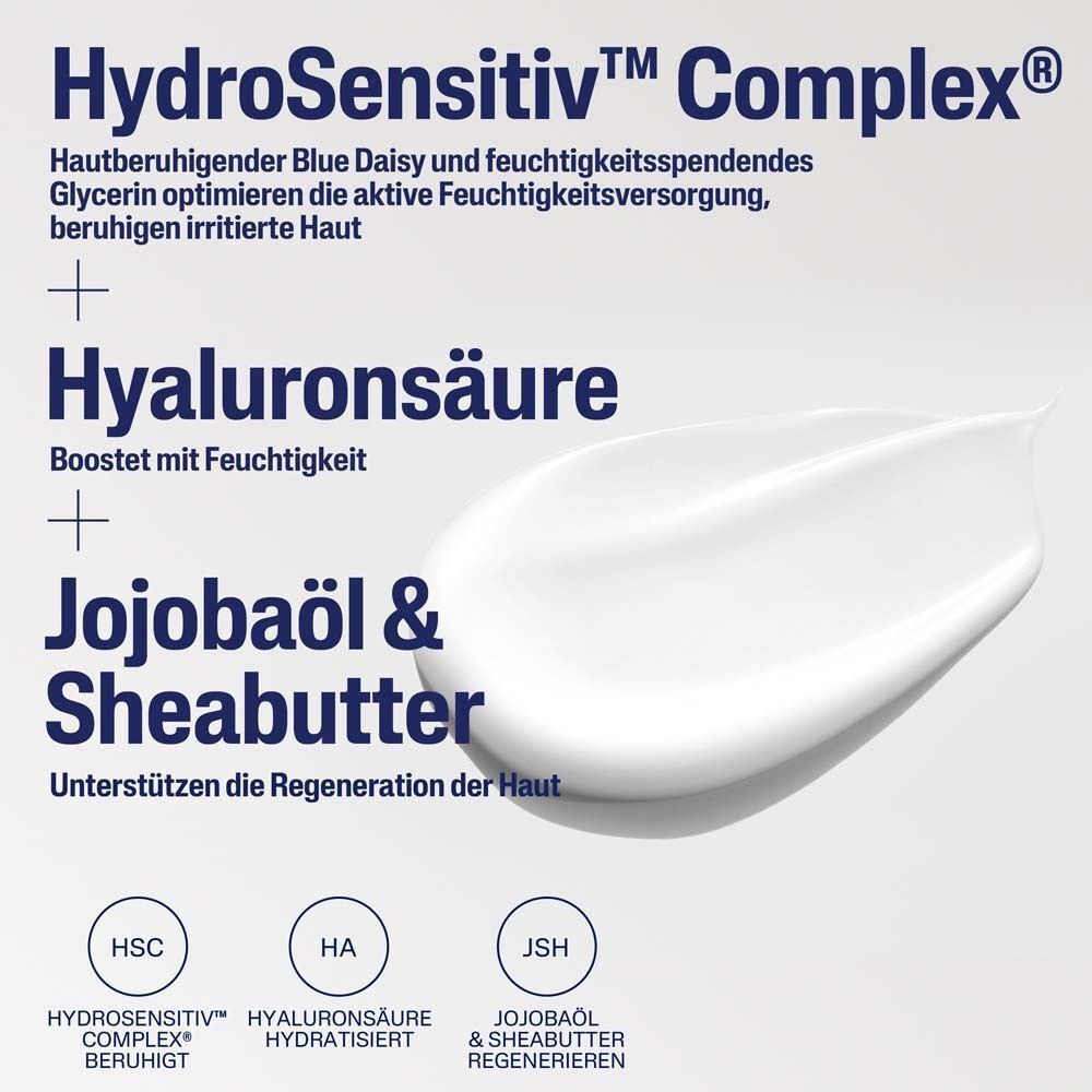 Nahaufnahme Creme. Text: HydroSensitiv Complex, Hyaluronsäure, Jojobaöl & Sheabutter. Inhaltsstoffe zur Hautpflege.