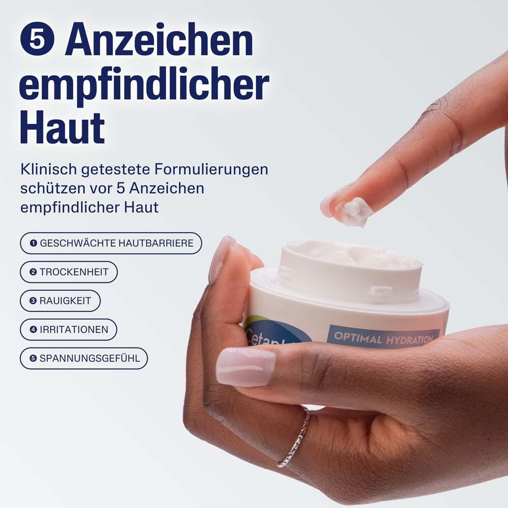 Hand mit Creme. Text: 5 Anzeichen empfindlicher Haut. Geschwächte Hautbarriere, Trockenheit, Rauigkeit, Irritationen, Spannungsgefühl.