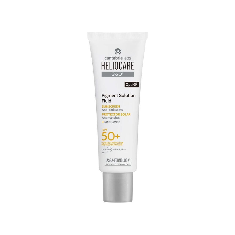 HELIOCARE 360° Pigment Solution Fluid SPF 50+ Tube. Weiß, mit Produktinformationen und Logo.