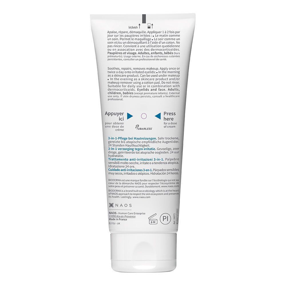 Rückseite einer Tube BIODERMA Atoderm Intensive eye. Text in mehreren Sprachen. Anweisungen und Inhaltsstoffe.