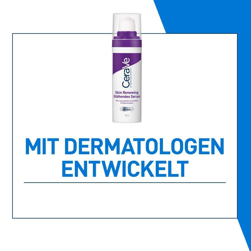CeraVe Skin Renewing Serum. Weißes Fläschchen mit lila Akzenten. Text: Mit Dermatologen entwickelt. Auf weißem Hintergrund.