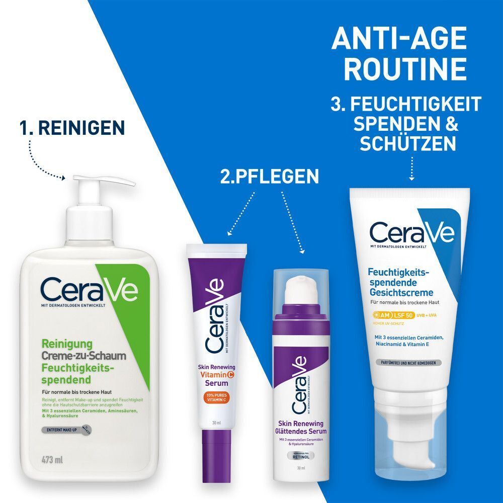 Anti-Aging-Routine. Produkte: Reinigungsschaum, Serum, Feuchtigkeitscreme. CeraVe-Produkte. Blaue Hintergrund.