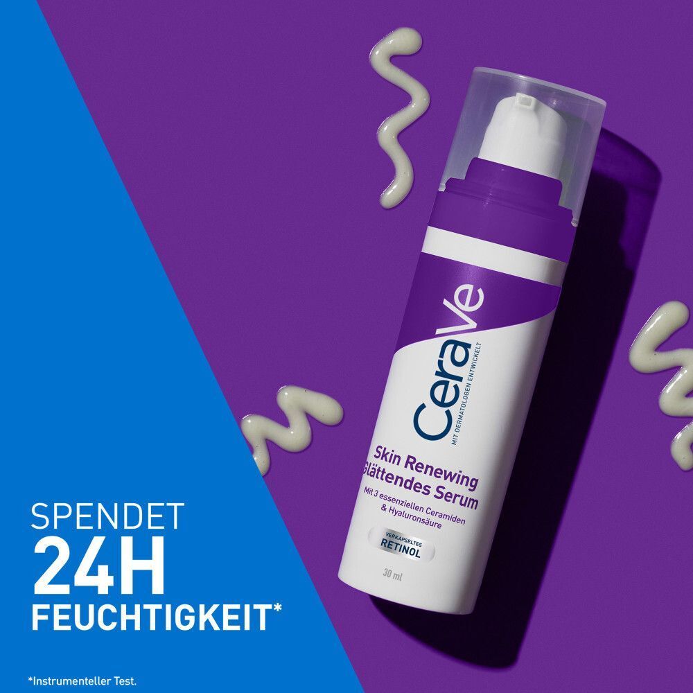 CeraVe Skin Renewing Serum. Flasche und Serumtropfen. Text: Spendet 24h Feuchtigkeit. Produktabbildung.