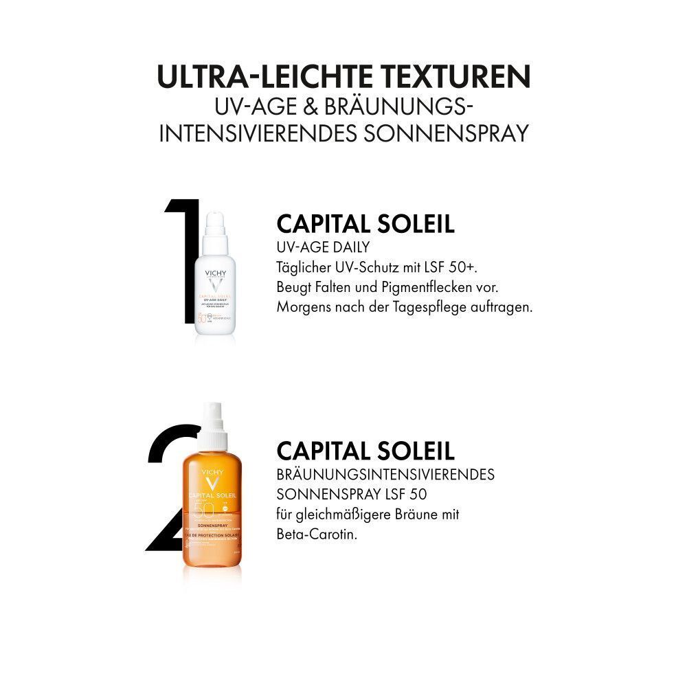 Zwei Produkte: UV-Age Daily und Bräunungsintensivierendes Sonnenspray LSF 50.