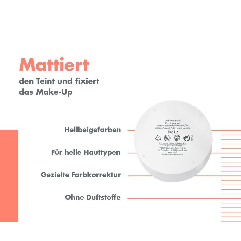 Runde, weiße Puderdose mit Text. Text: "Mattiert den Teint und fixiert das Make-Up".