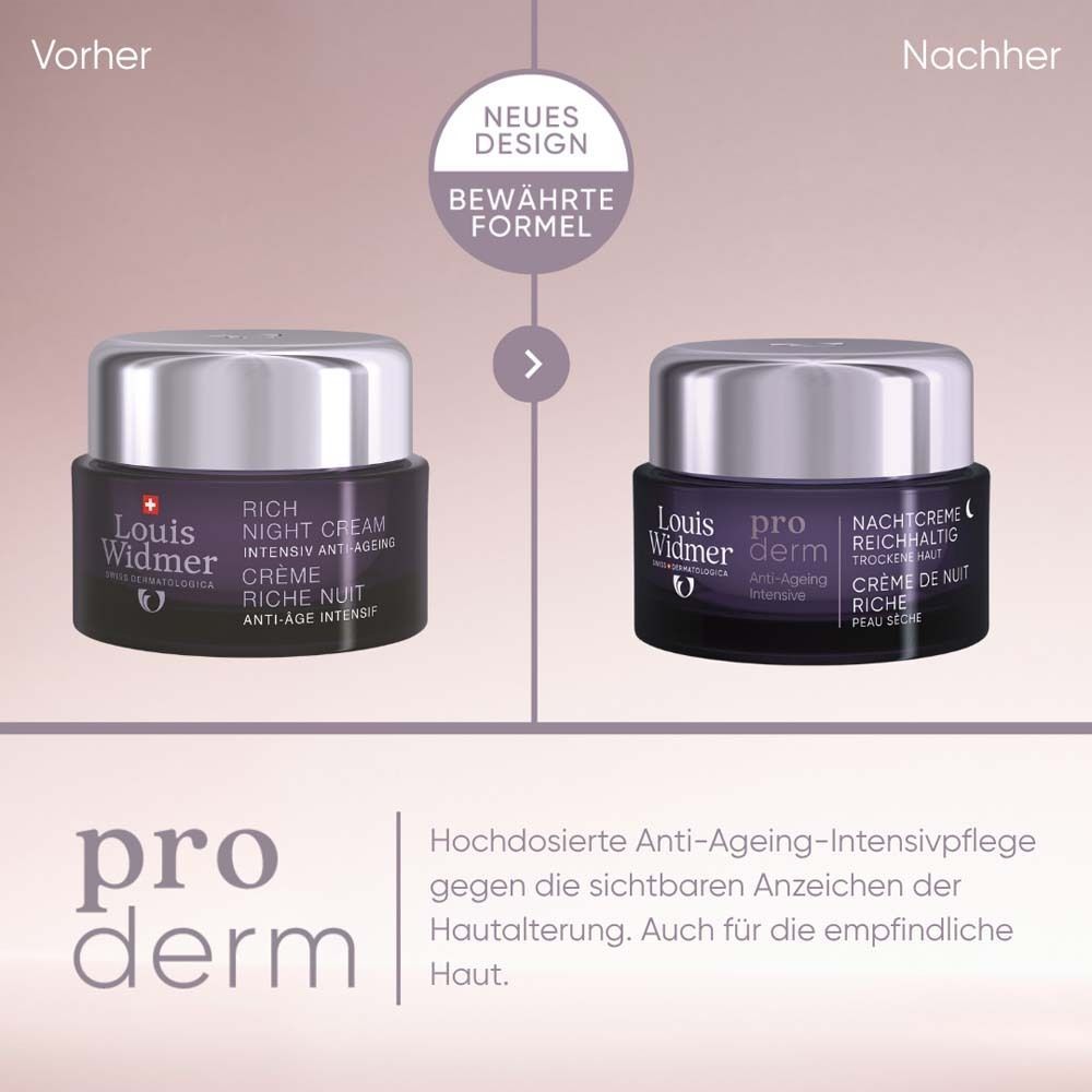 Vergleich zweier Tiegel Nachtcreme. Links: altes Design. Rechts: neues Design. Text: pro derm, Nachtcreme reichhaltig.