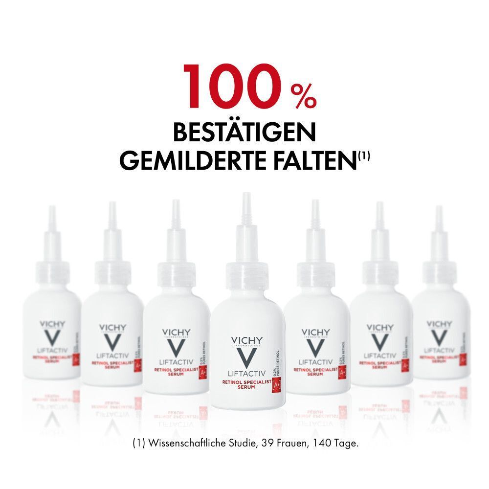 Sechs Flaschen VICHY LIFTACTIV Retinol Specialist Serum. Text: 100% bestätigen gemilderte Falten.