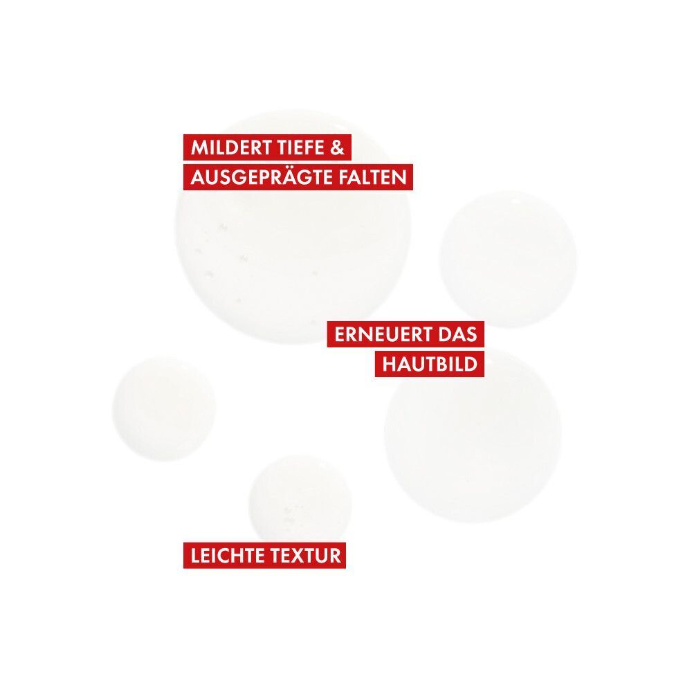 Grafik mit Text: Mildert tiefe & ausgeprägte Falten, erneuert das Hautbild, leichte Textur. Weiße Kreise.