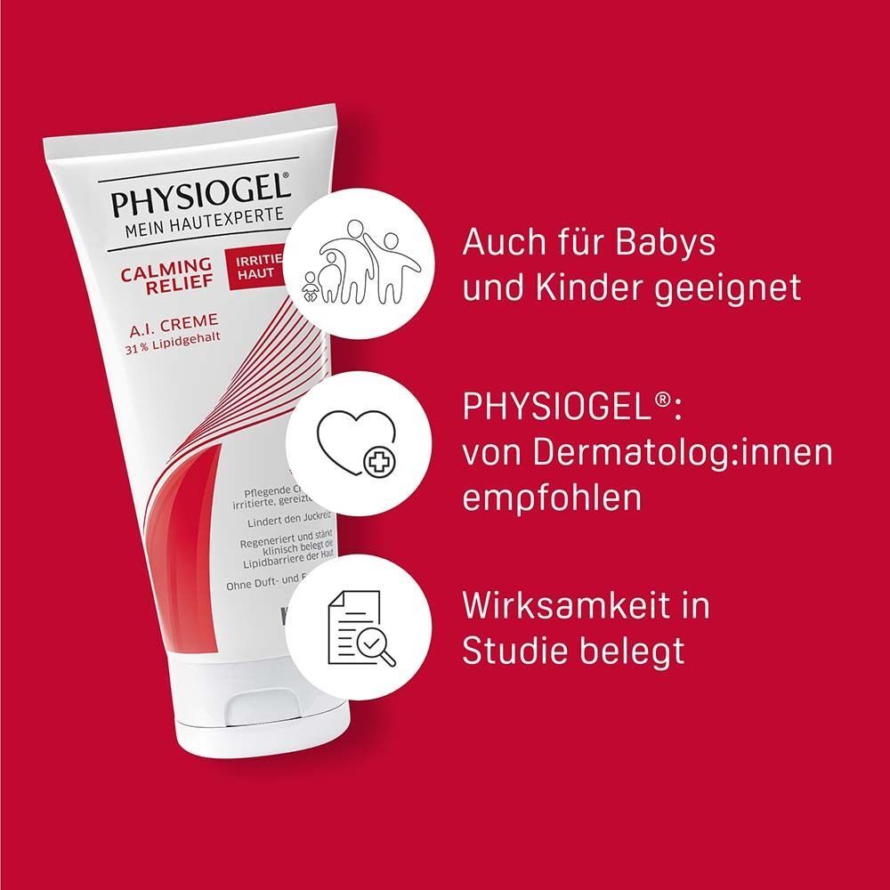 Tube PHYSIOGEL Calming Relief A.I. Creme. Text: Auch für Babys und Kinder geeignet, von Dermatologen empfohlen, Wirksamkeit in Studie belegt.