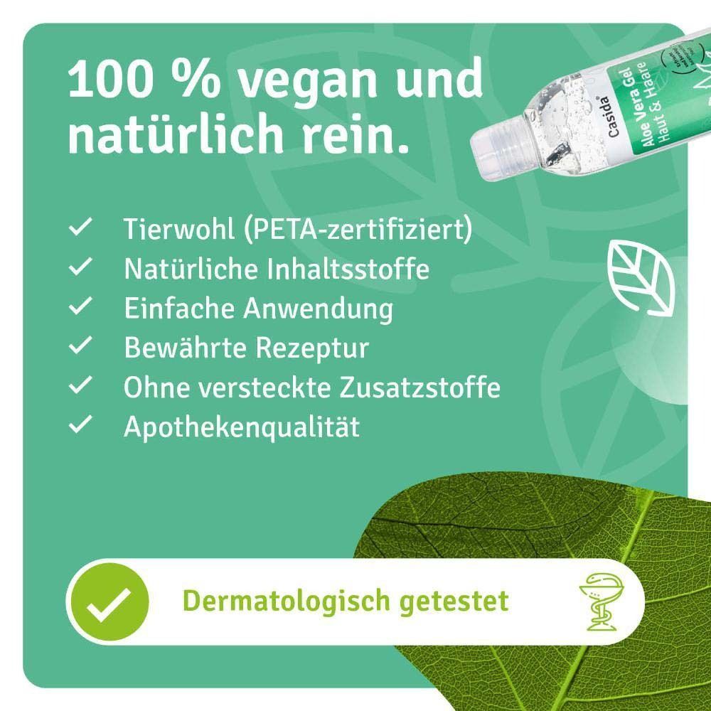 Liste mit Vorteilen des Aloe Vera Gels. Tierwohl (PETA-zertifiziert), natürliche Inhaltsstoffe, einfache Anwendung, bewährte Rezeptur.