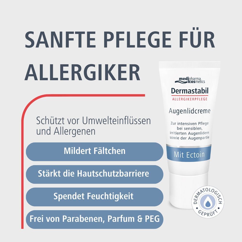 Werbung für DERMASTABIL Augenlidcreme. Text: Sanfte Pflege für Allergiker. Produktabbildung und Logos.