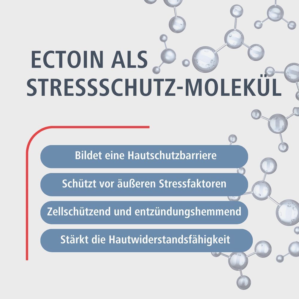Grafik mit Text: Ectoin als Stressschutz-Molekül. Aufzählung von Vorteilen. Hintergrund mit Molekül-Darstellung.