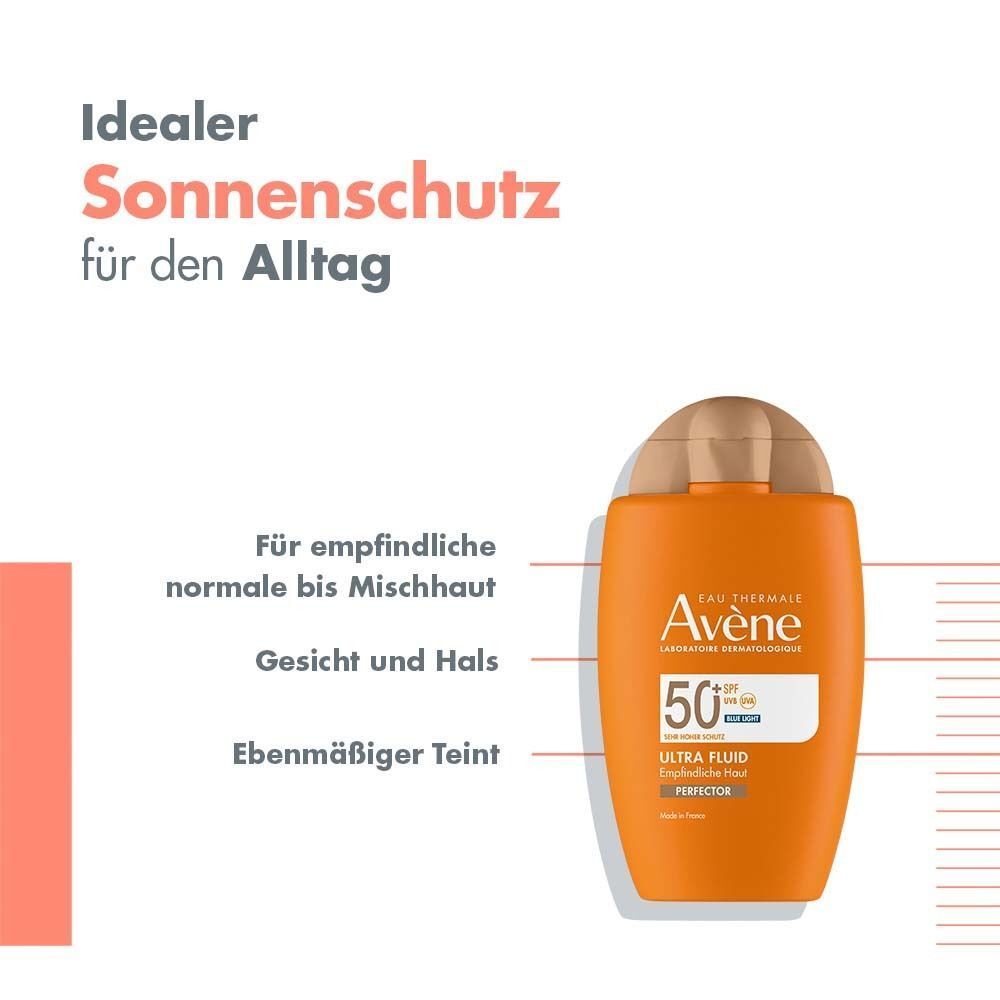 Orangefarbene Flasche mit braunem Deckel. Text: Ideal Sonnenschutz für den Alltag. Für empfindliche Haut.
