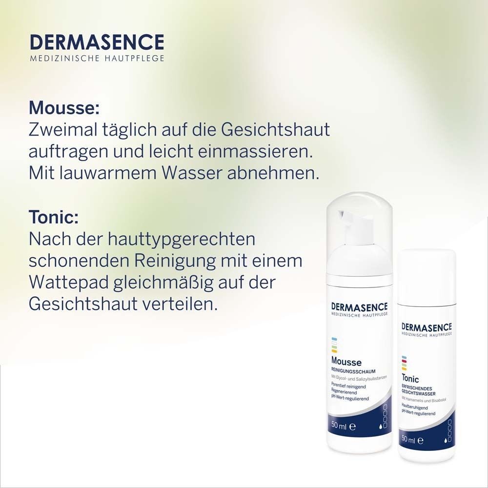 DERMASENCE Mousse und Tonic. Weiße Flaschen. Text: Mousse, Reinigungschaum, Tonic, erfrischendes Gesichtswasser. 50 ml.