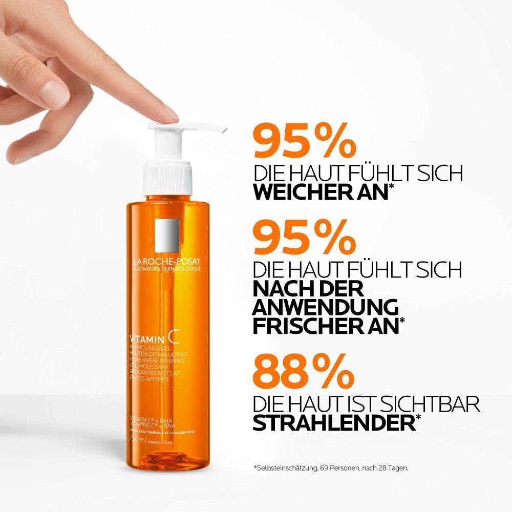 Eine Flasche Reinigungsgel mit Dosierpumpe. Text: 95% weichere Haut, 95% frischer, 88% strahlender. Text und Finger zeigen auf die Flasche.