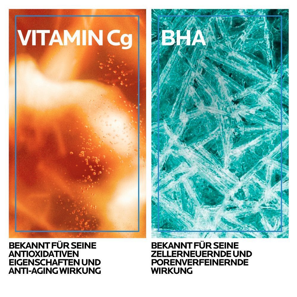 Zwei Textblöcke: Vitamin Cg und BHA. Vitamin Cg: antioxidative Eigenschaften. BHA: zellerneuernd und porenverfeinernd. Hintergrund: orange und blau.