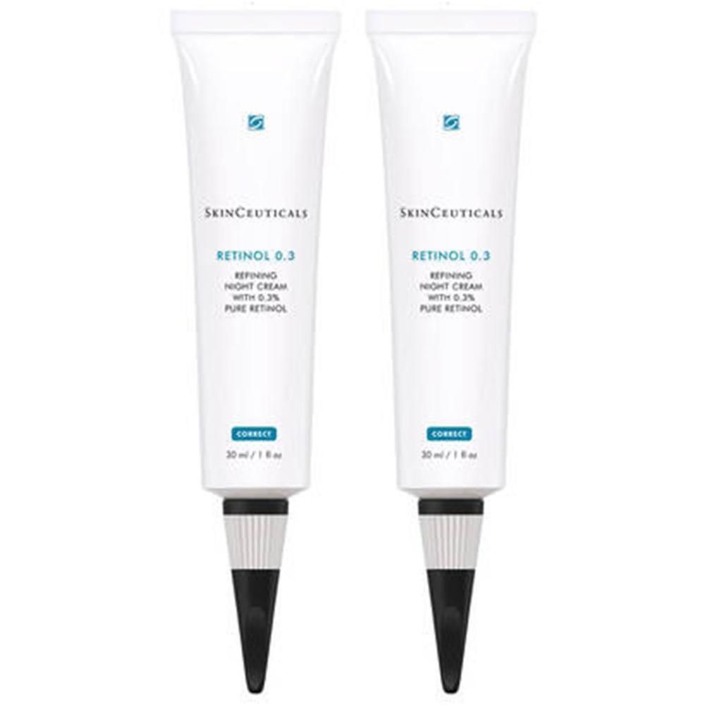 Zwei weiße Tuben Skinceuticals Retinol 0.3. Aufschrift: Retinol 0.3 Refining Night Cream. Schwarze Spitze.