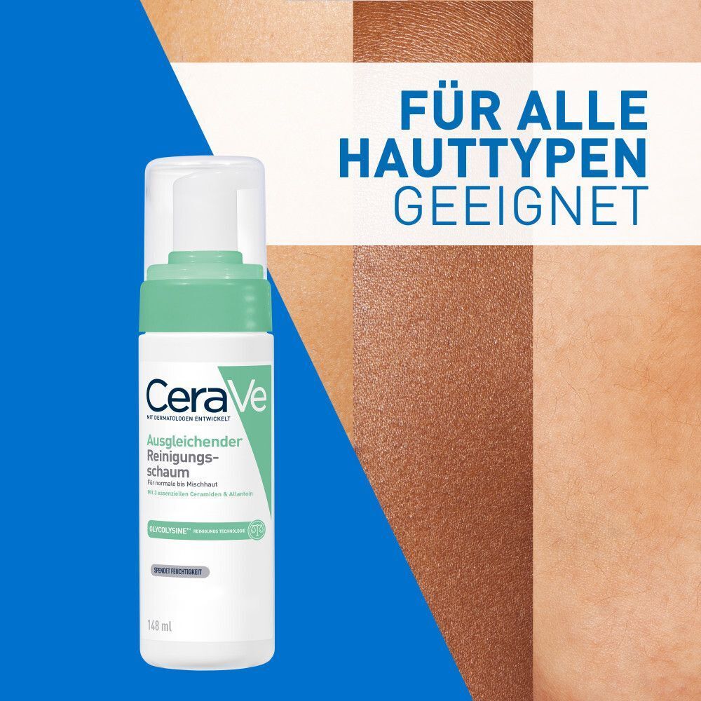 Eine Flasche CeraVe Reinigungsschaum. Text: Für alle Hauttypen geeignet. Hautton-Beispiele im Hintergrund.