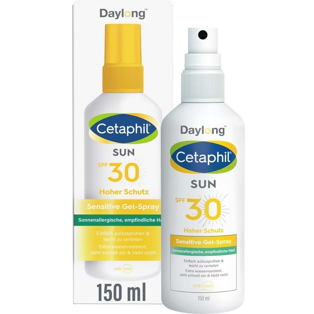Weiße Sprühflasche Cetaphil Sun Daylong SPF 30 mit Verpackung. Aufschrift: Sensitive Gel-Spray, 150 ml.