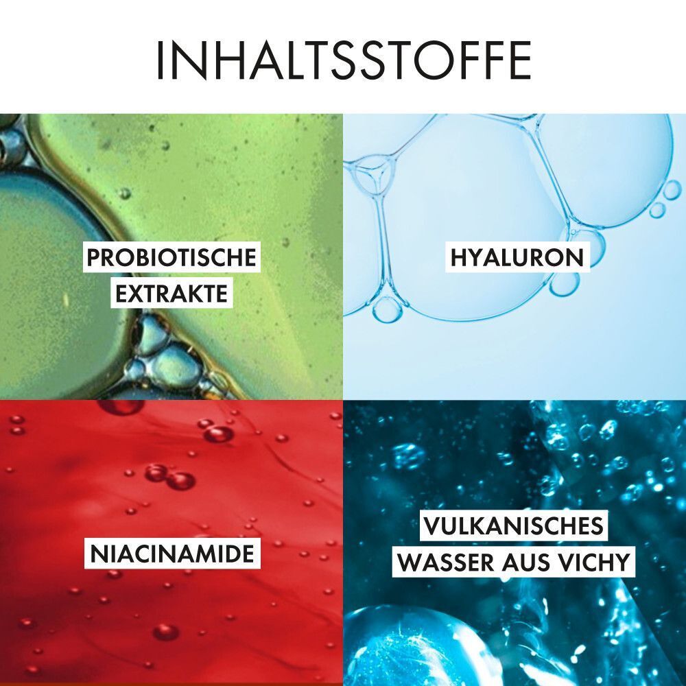 Vier Bilder mit Inhaltsstoffen: Probiotische Extrakte, Hyaluron, Niacinamid, Vulkanisches Wasser aus Vichy.