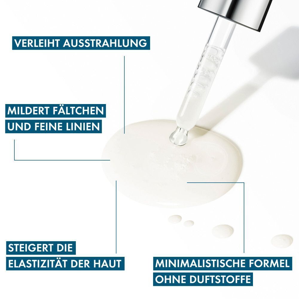 Produkt mit Tropfen. Text: Verleiht Ausstrahlung, mildert Fältchen, steigert Elastizität, minimalistische Formel.