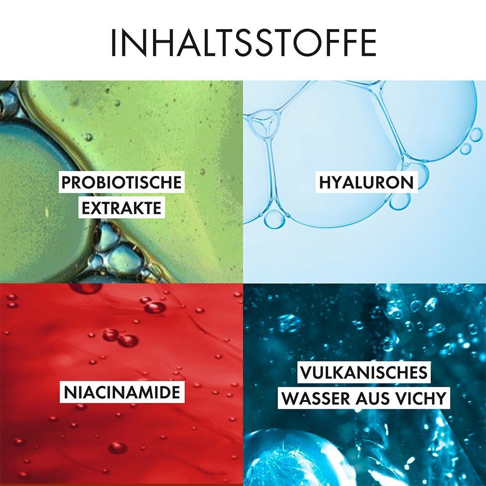 Vier Bilder mit Inhaltsstoffen: Probiotische Extrakte, Hyaluron, Niacinamid, Vulkanisches Wasser aus Vichy.