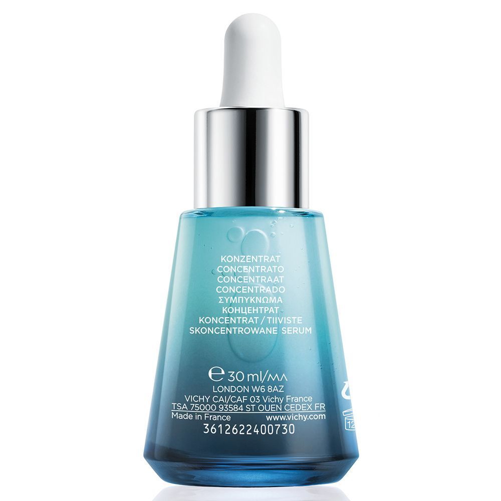 Blaue Flasche mit silbernem Deckel. Text: KONZENTRAT, 30 ml, VICHY.