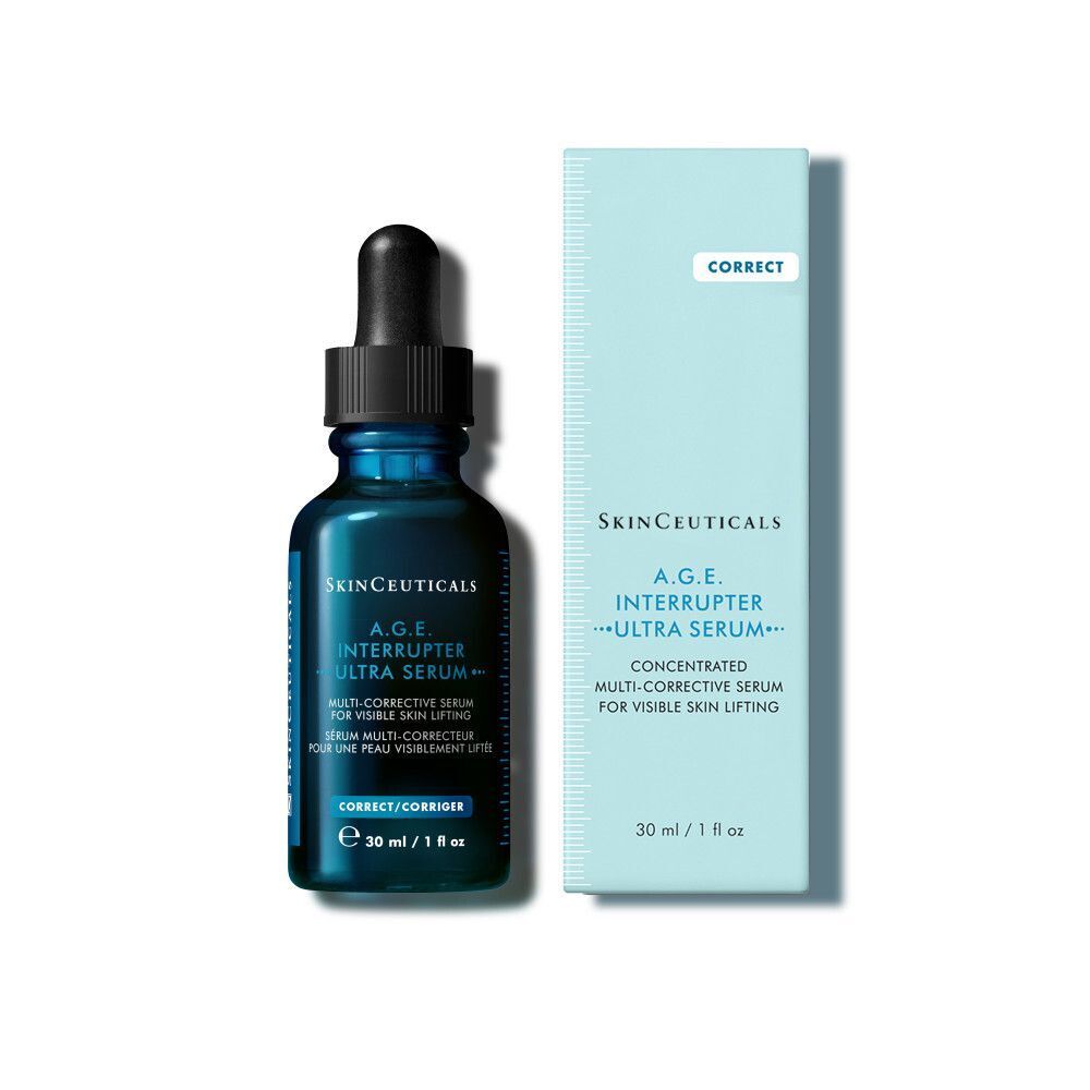 SKINCEUTICALS A.G.E. Interrupter Ultra Serum und Verpackung. Blaue Flasche und hellblaue Schachtel.