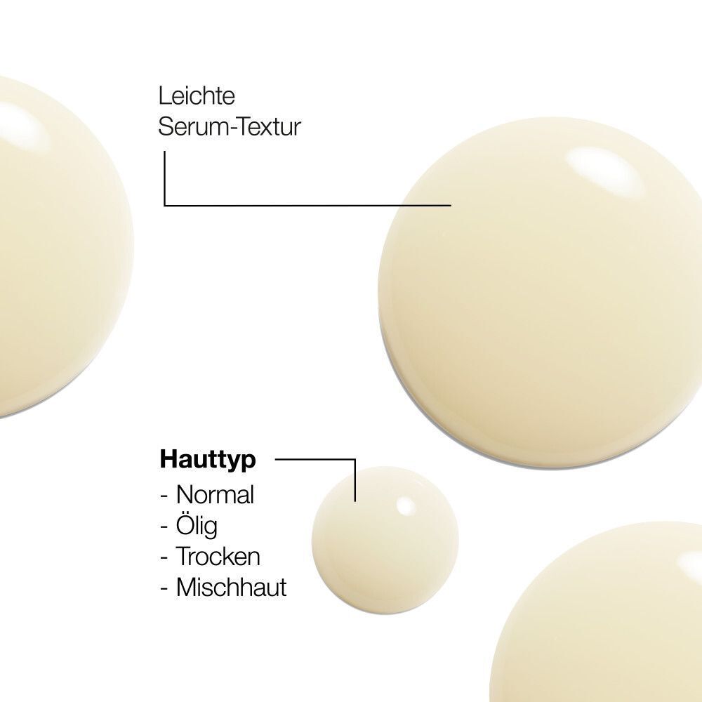 Text: Hauttyp: Normal, ölig, trocken, Mischhaut. Gelbe Tropfen im Hintergrund.